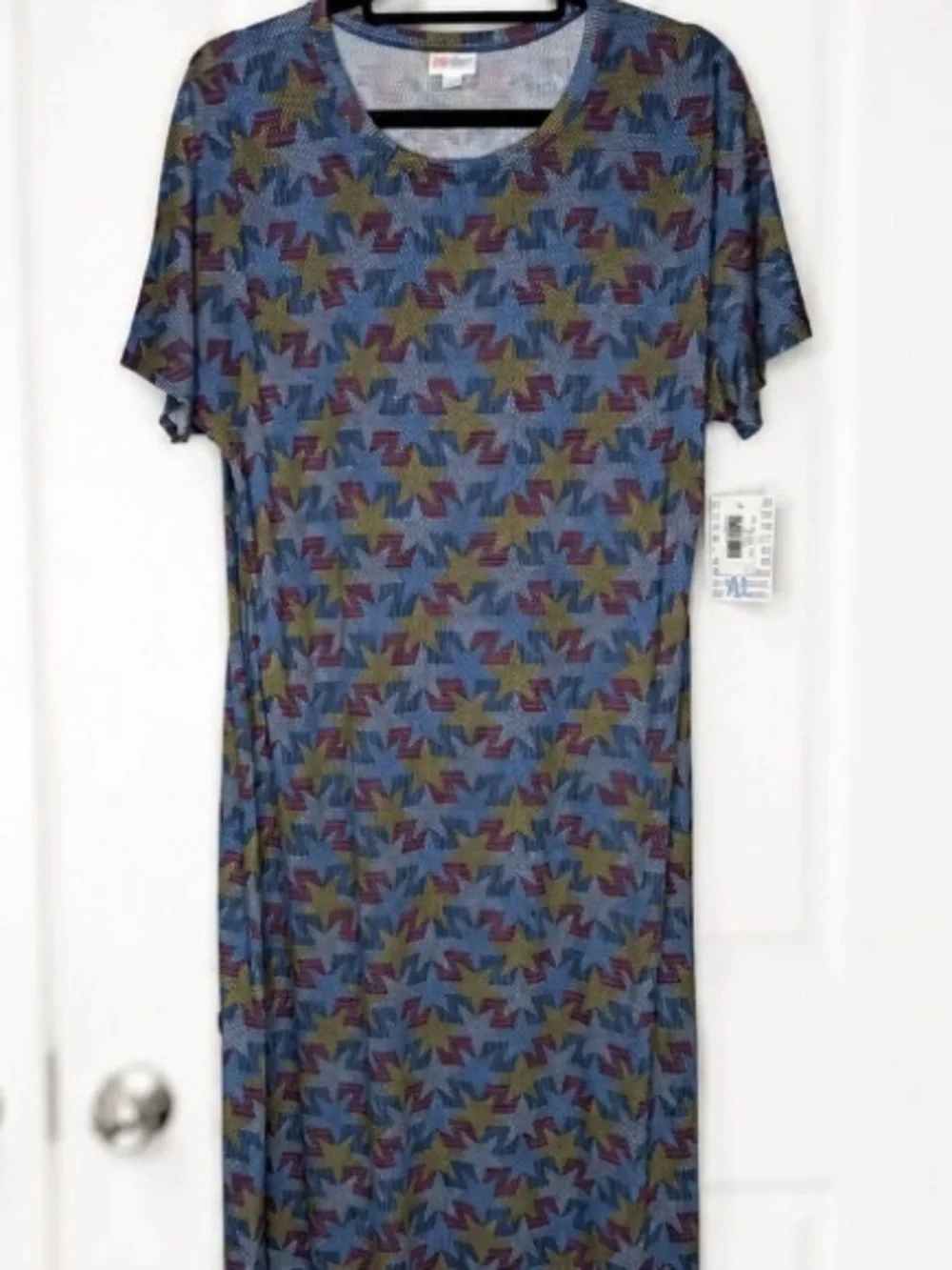 Blue Star-Print Midi Dress with Short Sleeves